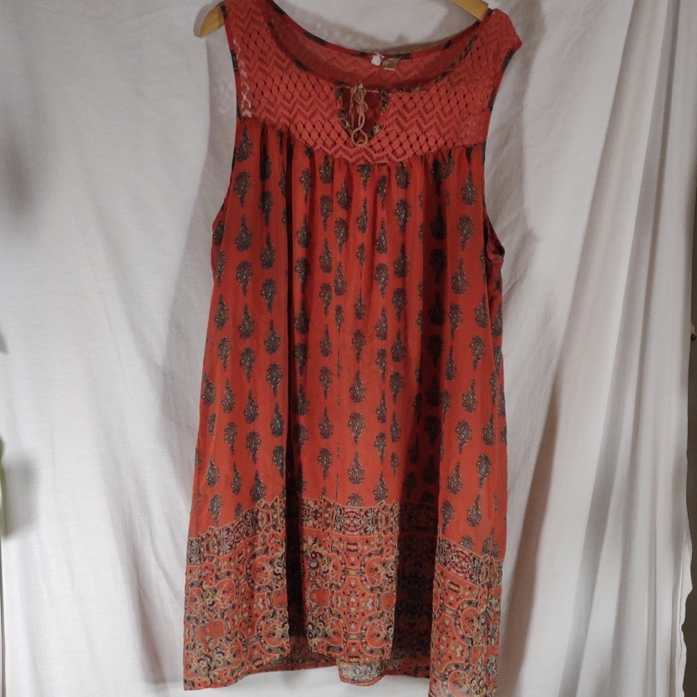 Vintage Sleeveless Orange Patterned Women's Mini Dress/Tunic - Size XL